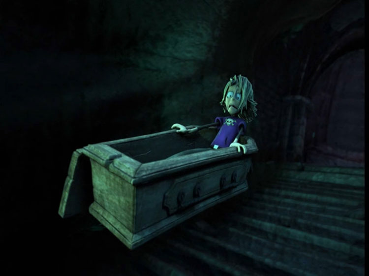 少年坐上棺材，利用棺材逃离吸血鬼的追杀。.jpg