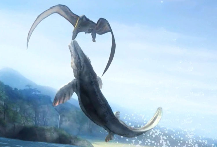 突然从海里飞跃出来的一条恐龙鱼狠狠地咬住了飞翼龙把它拽下了水里.jpg