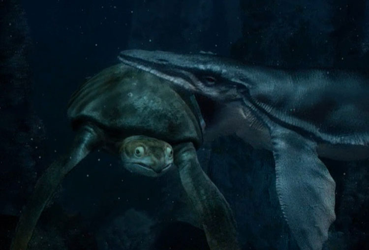 大海龟在水里游了过来被一恐龙一口咬住不料坚硬的龟壳让恐龙得瑟不了只好放弃了捕食.jpg